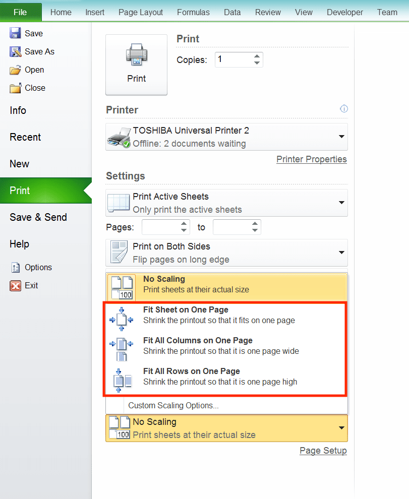 How to Print in Excel Neatly - Screenshot of the Scaling Setting Choices to Avoid Cuts in Our Print Result