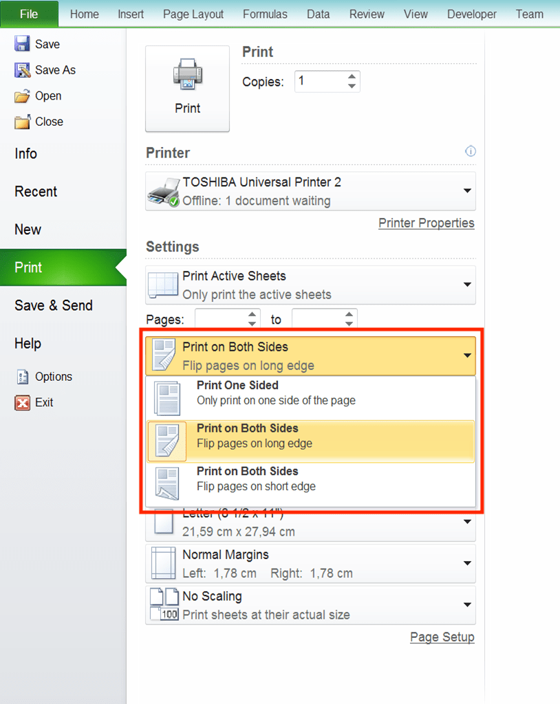 How to Print in Excel Neatly - Screenshot of the Paper Sides Settings