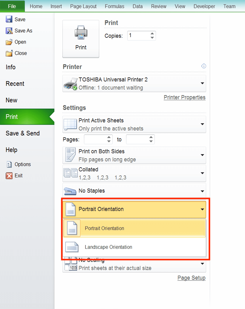 How to Print in Excel Neatly - Screenshot of the Orientation Settings