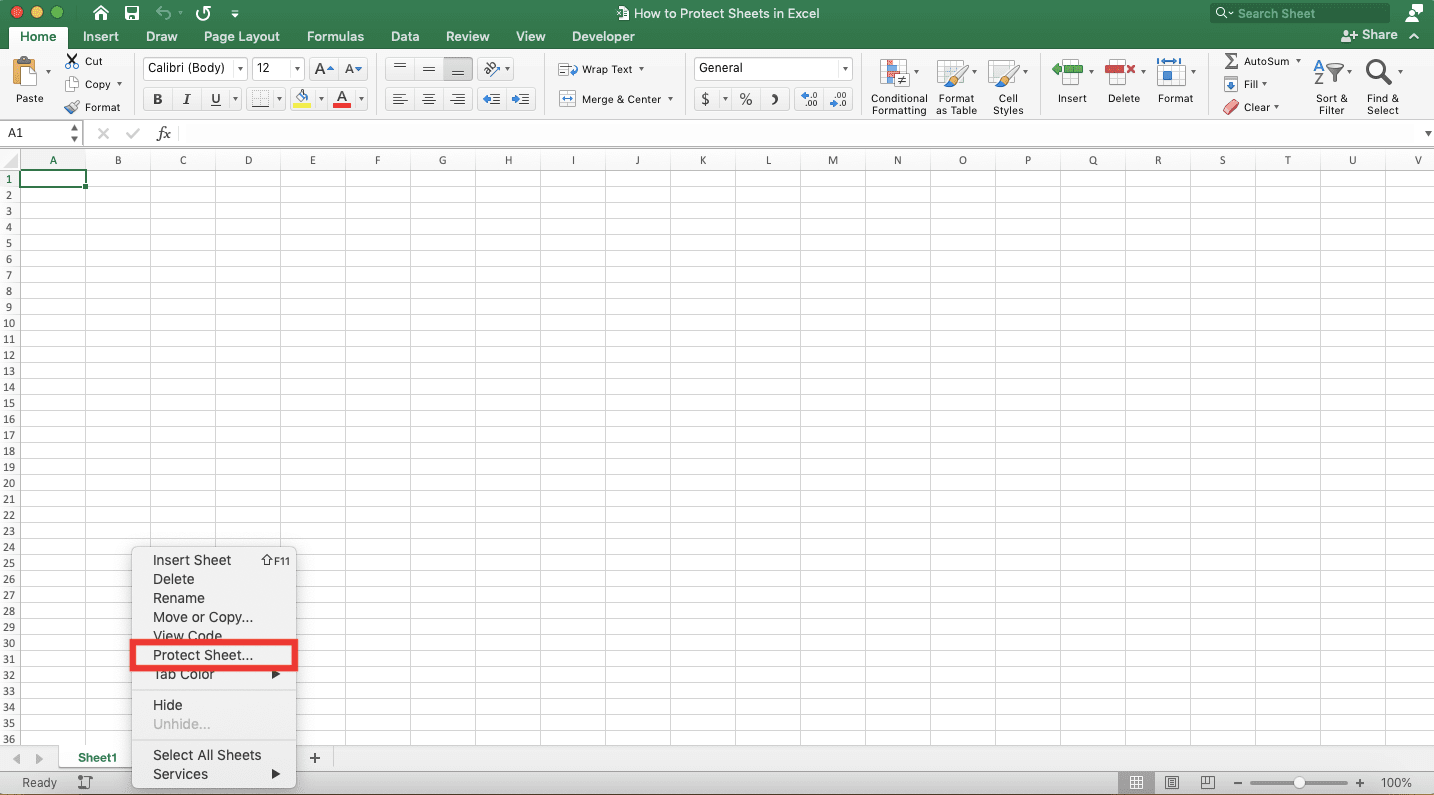 How to Protect Sheets in Excel - Screenshot of How to Protect Sheets with the Right-Click Method, Step 2