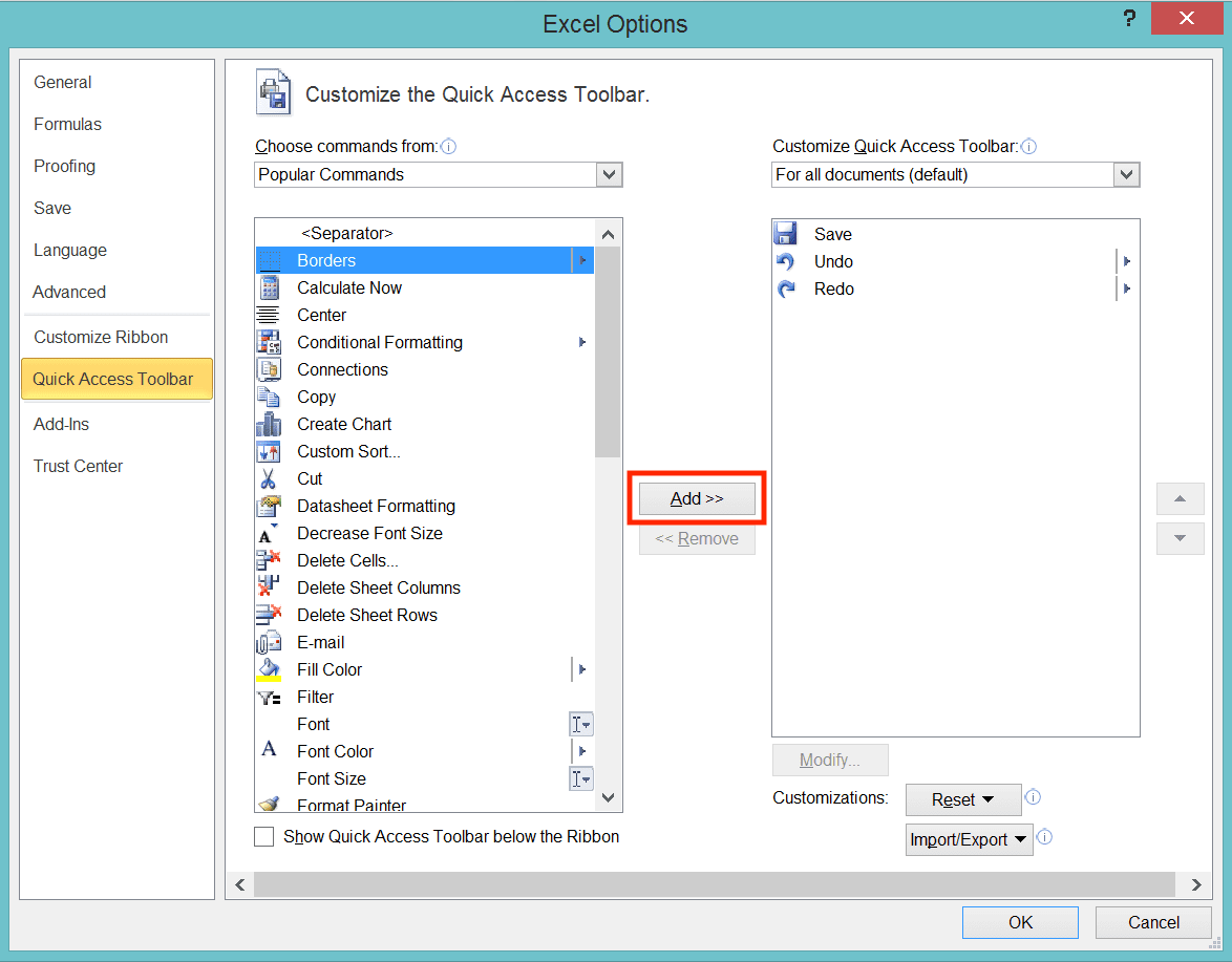 Excel Quick Access Toolbar; Meaning, Purpose, and How to Use It - Screenshot of the Add >> Button Location in the Quick Access Toolbar Dialog Box
