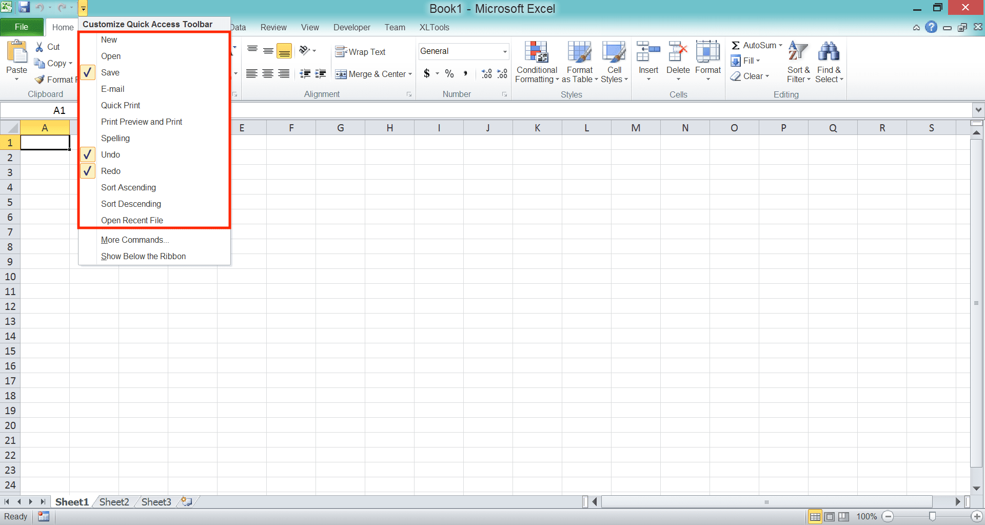 Excel Quick Access Toolbar; Meaning, Purpose, and How to Use It - Screenshot of Where You Should Click to Uncheck to Remove Shortcuts in the Excel Quick Access Toolbar