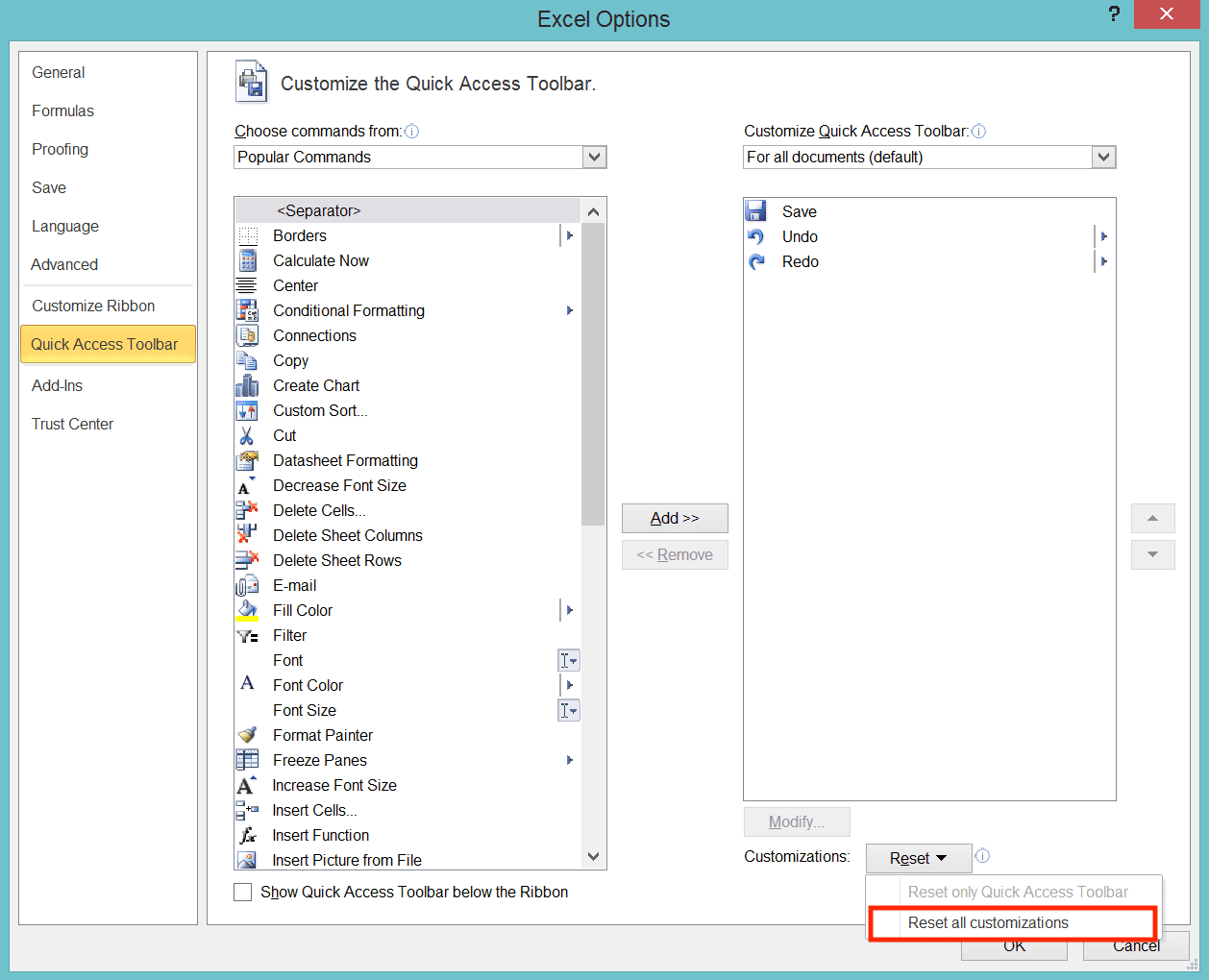 Excel Quick Access Toolbar; Meaning, Purpose, and How to Use It - Screenshot of the Reset All Customizations... Button Location in the Quick Access Toolbar Shortcut Dialog Box