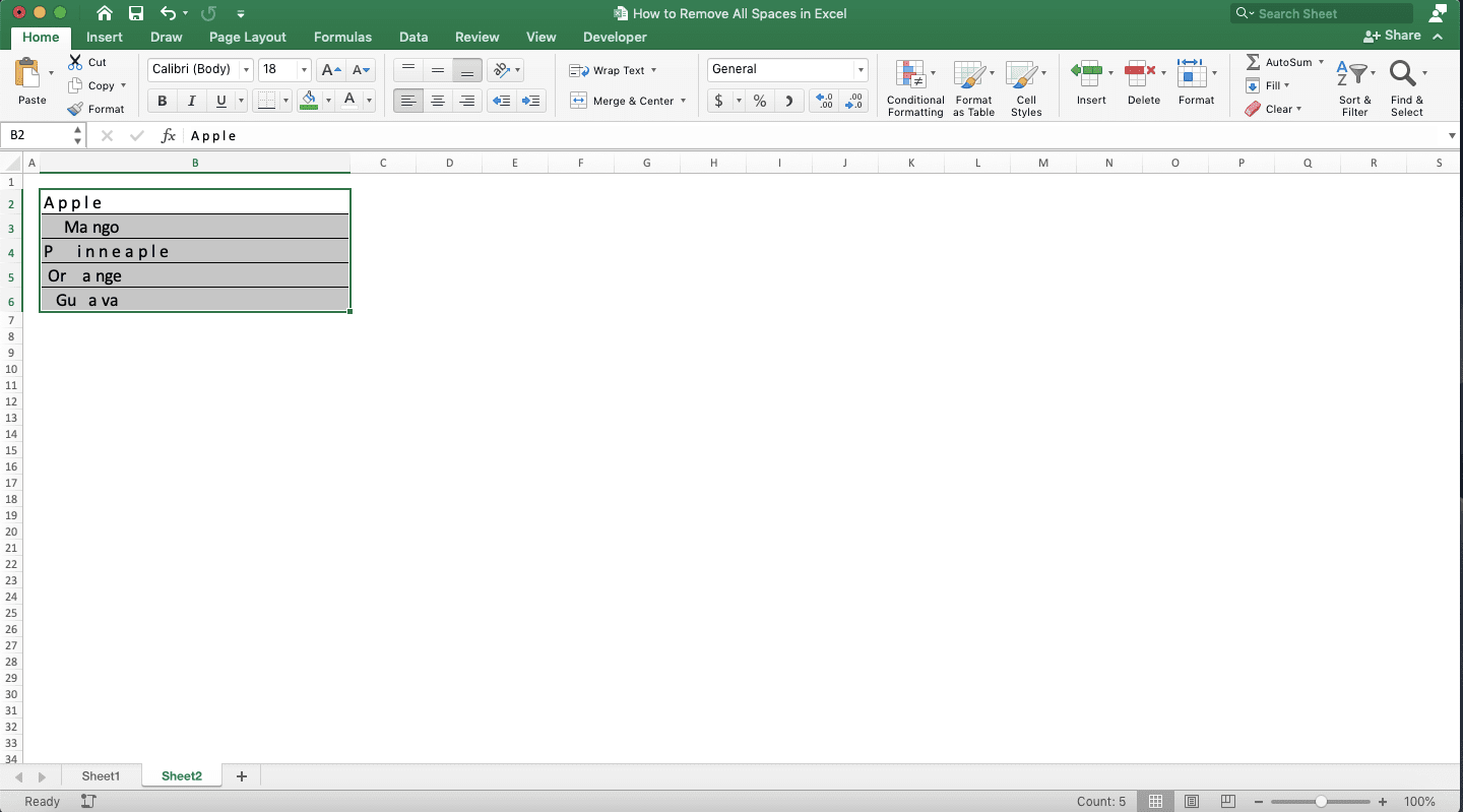 How to Remove All Spaces in Excel - Screenshot of Removing All Spaces by Using an Excel Feature, Step 1