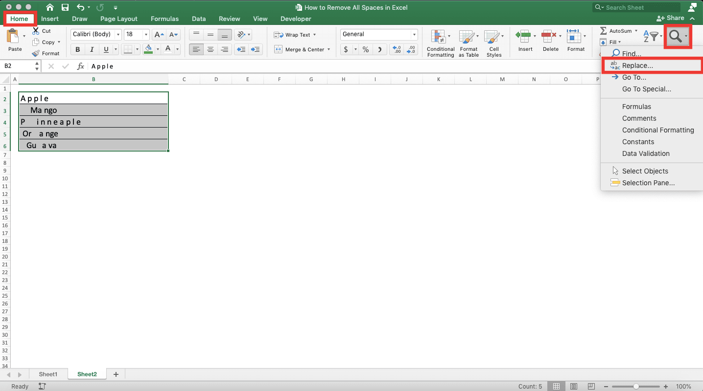 How to Remove All Spaces in Excel - Screenshot of Removing All Spaces by Using an Excel Feature, Step 2