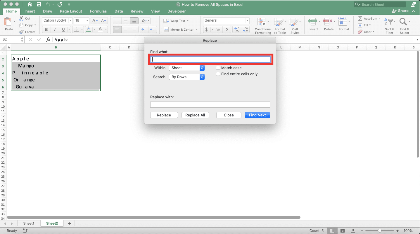 How to Remove All Spaces in Excel - Screenshot of Removing All Spaces by Using an Excel Feature, Step 3