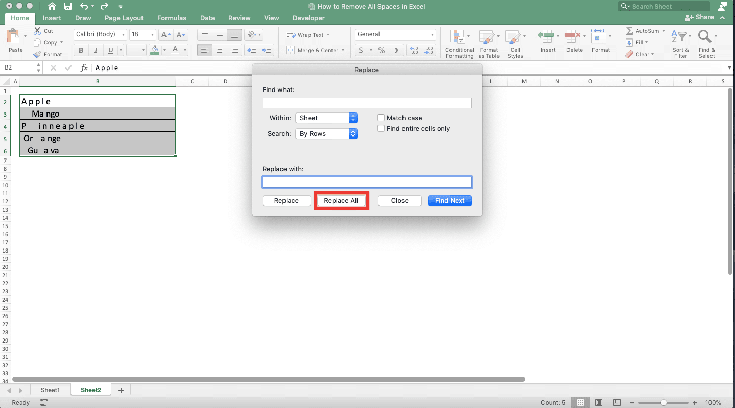 How to Remove All Spaces in Excel - Screenshot of Removing All Spaces by Using an Excel Feature, Step 5