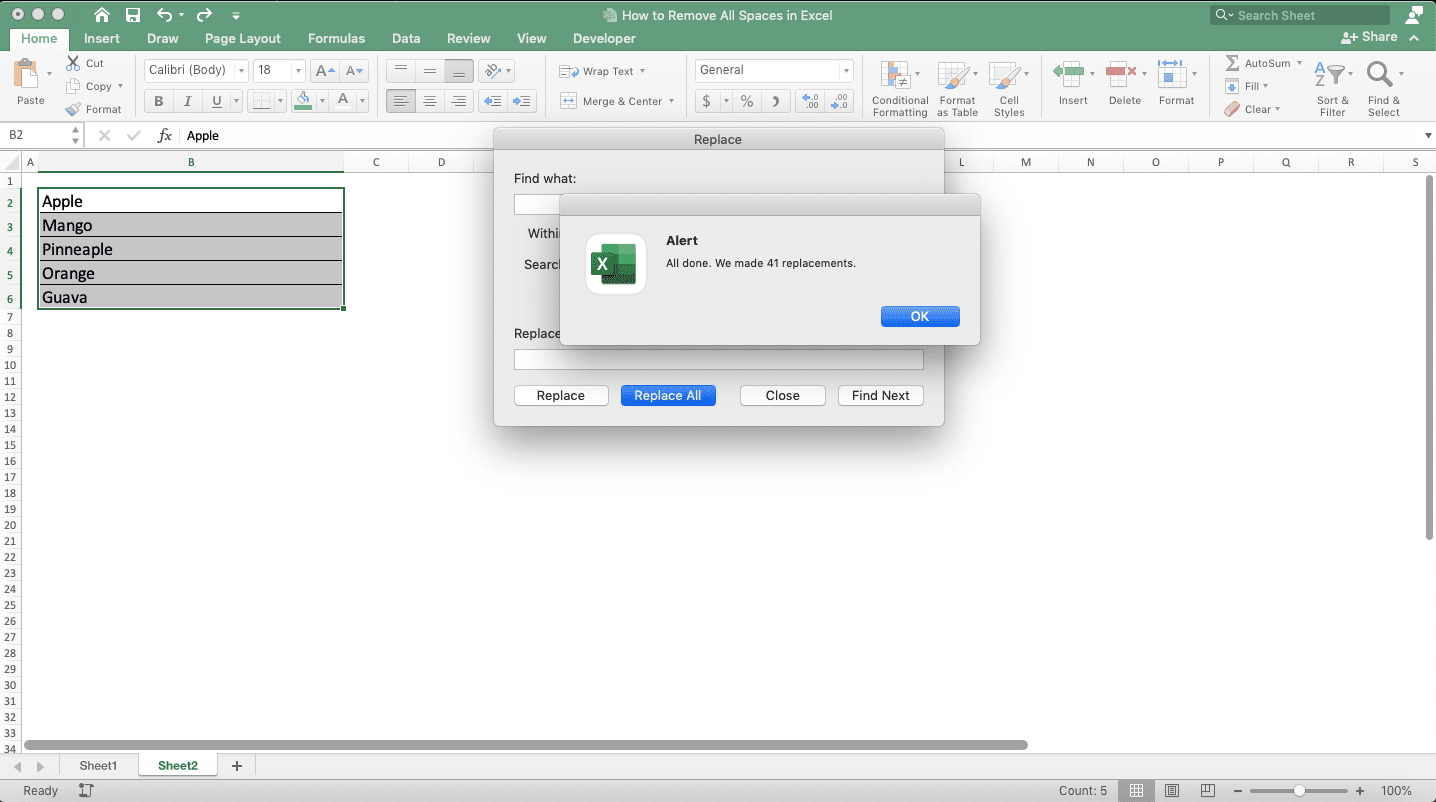How to Remove All Spaces in Excel - Screenshot of Removing All Spaces by Using an Excel Feature, Step 6