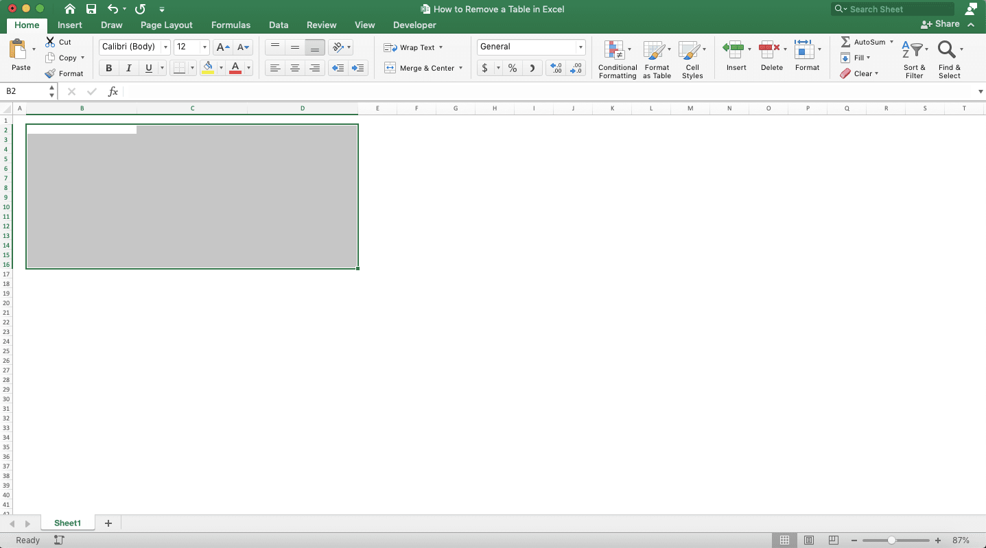 How to Remove a Table in Excel - Screenshot of Removing a Table Format, Formatting, and Content, Step 4