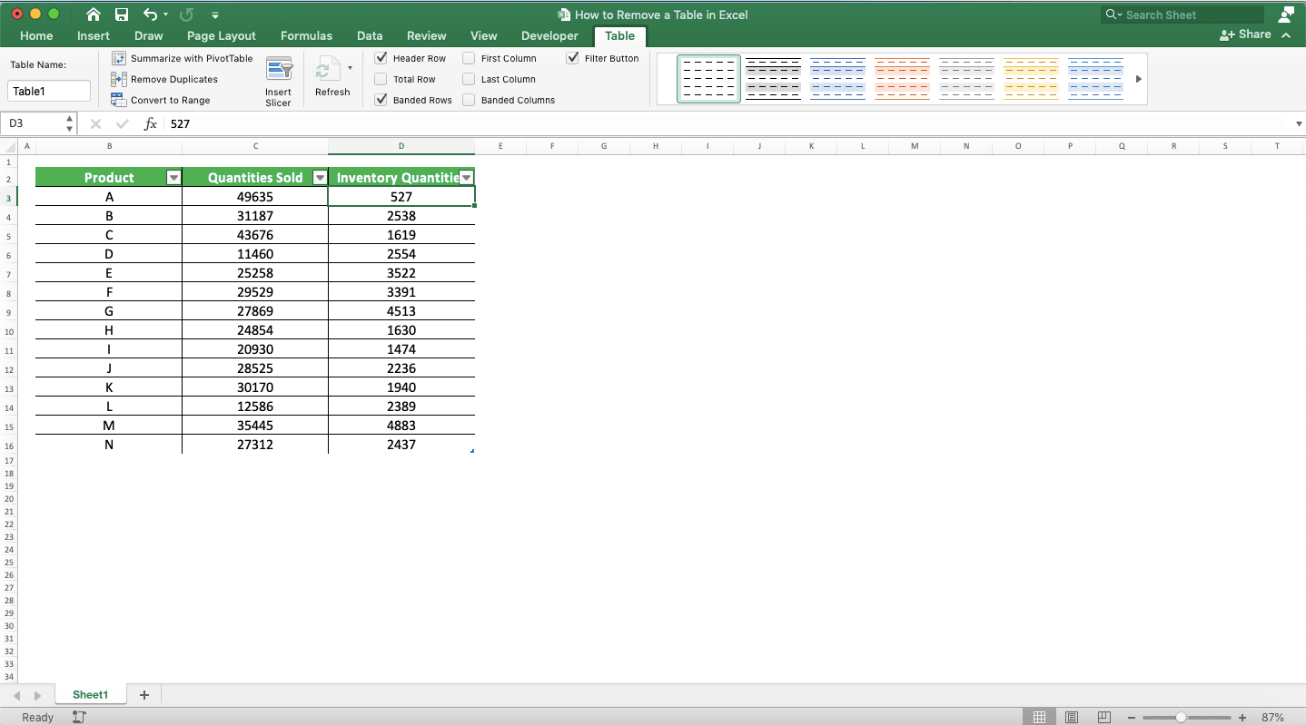 How to Remove a Table in Excel - Screenshot of Removing a Table Built-In Formatting, Step 4