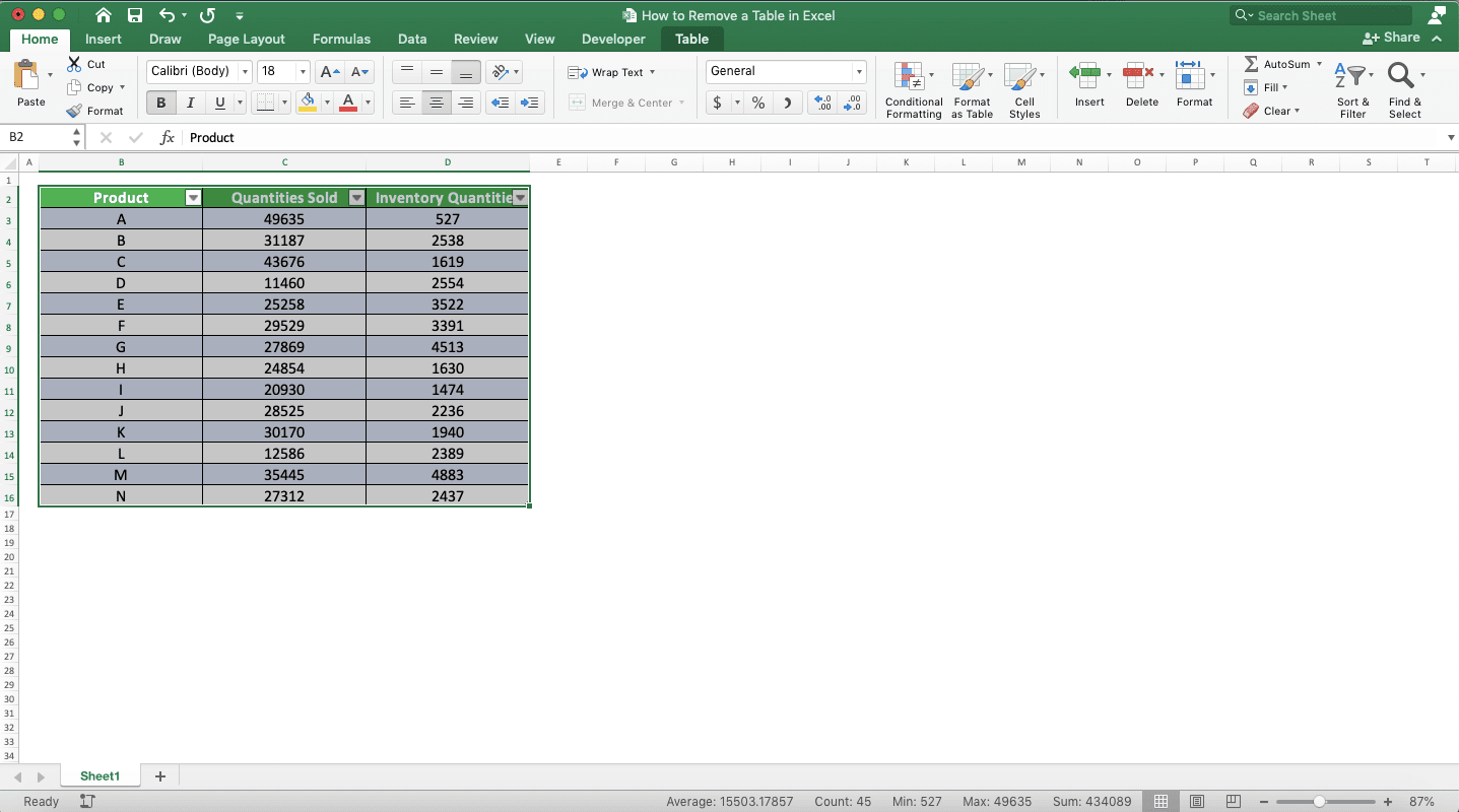 How to Remove a Table in Excel - Screenshot of Removing a Table Built-In & Manual Formatting, Step 1