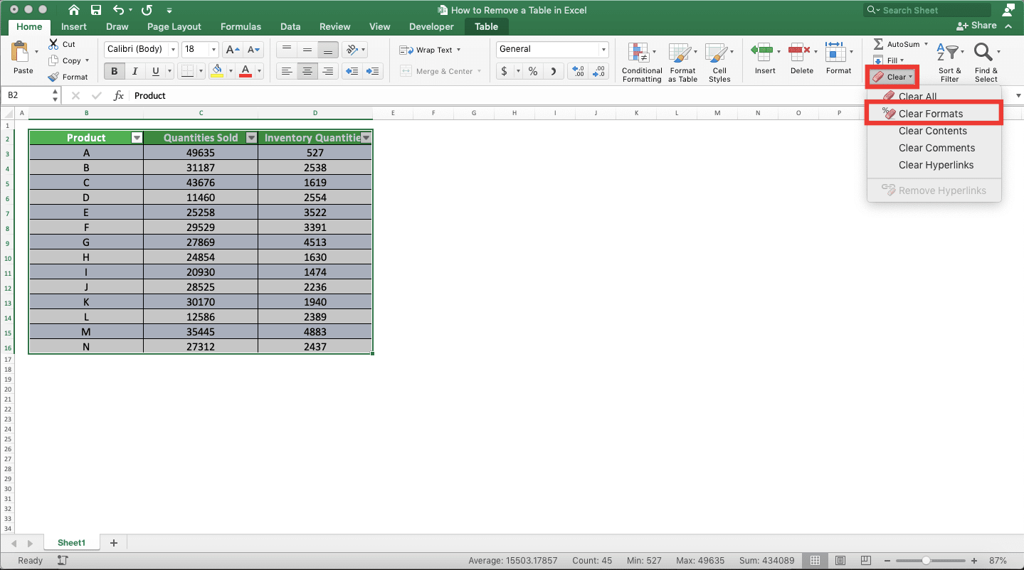 How to Remove a Table in Excel - Screenshot of Removing a Table Built-In & Manual Formatting, Step 3