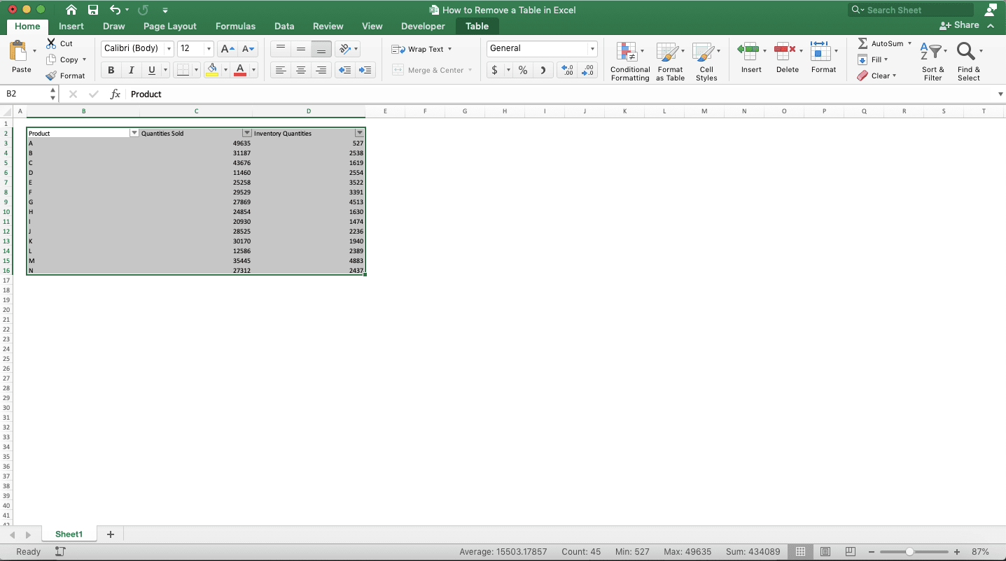 How to Remove a Table in Excel - Screenshot of Removing a Table Built-In & Manual Formatting, Step 4