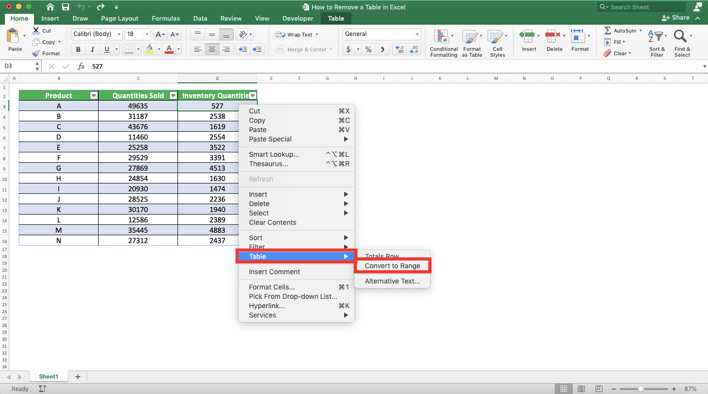 How to Remove a Table in Excel - Screenshot of Removing a Table Format, Step 2