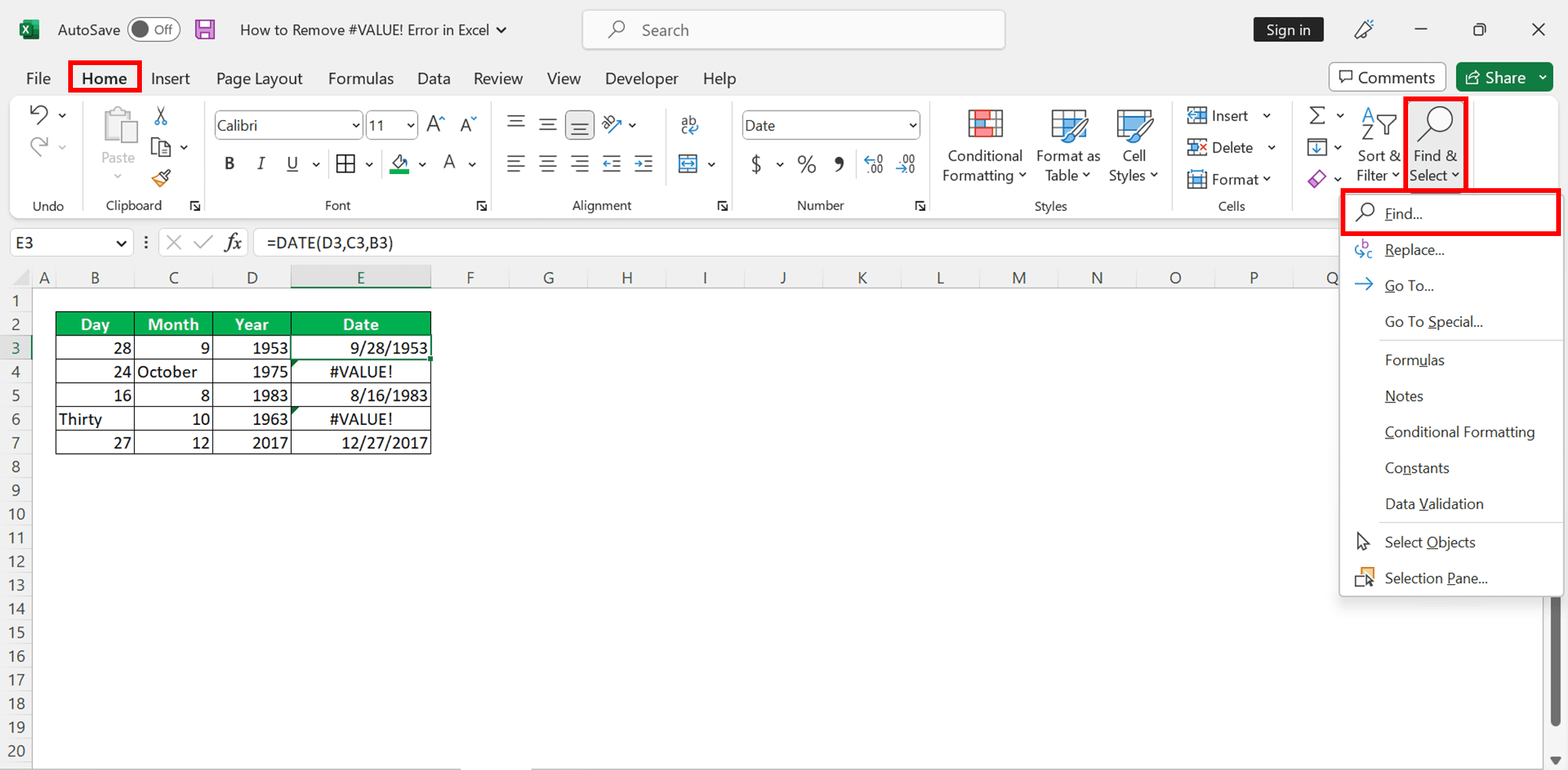 How to Remove #VALUE! Error in Excel - Screenshot of the Home Tab, Find & Select Dropdown Button, and Find Choice Locations