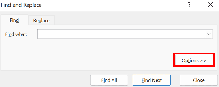 How to Remove #VALUE! Error in Excel - Screenshot of the Options Button Location in the Find and Replace Dialog Box