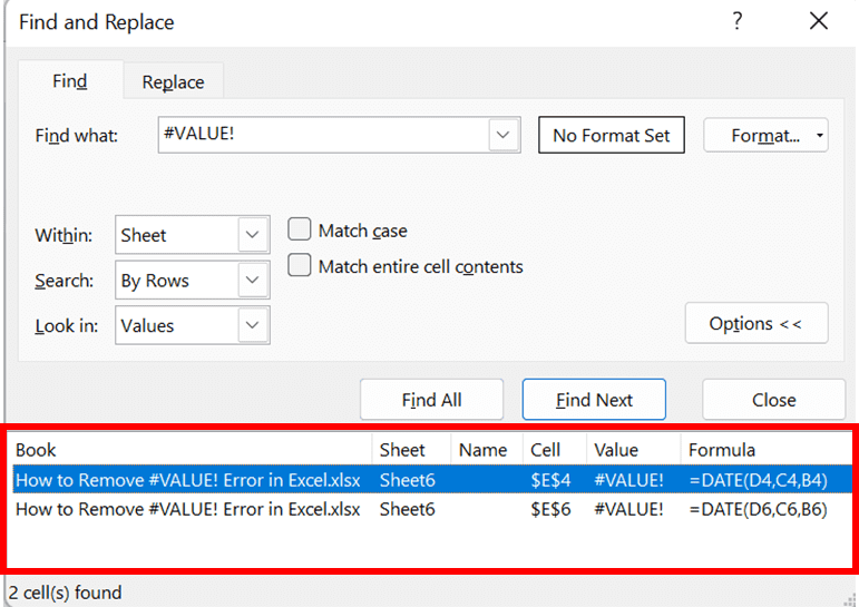 How to Remove #VALUE! Error in Excel - Screenshot of the #VALUE! Error List Example in the Find and Replace Dialog Box