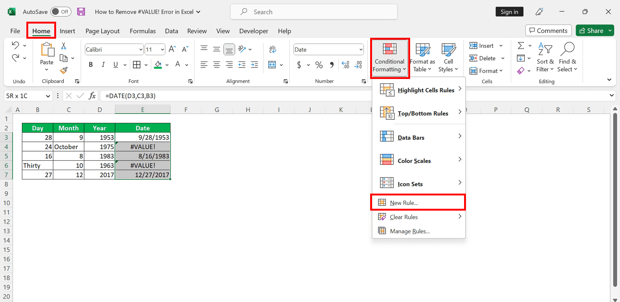 How to Remove #VALUE! Error in Excel - Screenshot of the Home Tab, Conditional Formatting Dropdown Button, and New Rule... Choice Locations