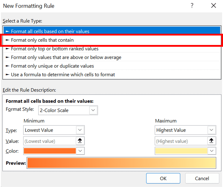 How to Remove #VALUE! Error in Excel - Screenshot of the Format only cells that contain Choice Location