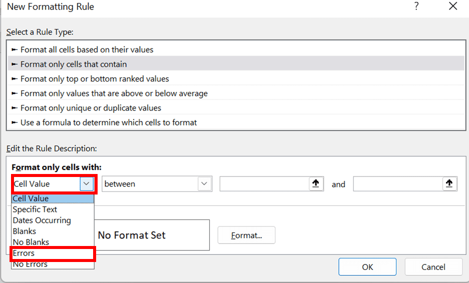 How to Remove #VALUE! Error in Excel - Screenshot of the Home Tab, Conditional Formatting Dropdown Button, and New Rule... Choice Locations