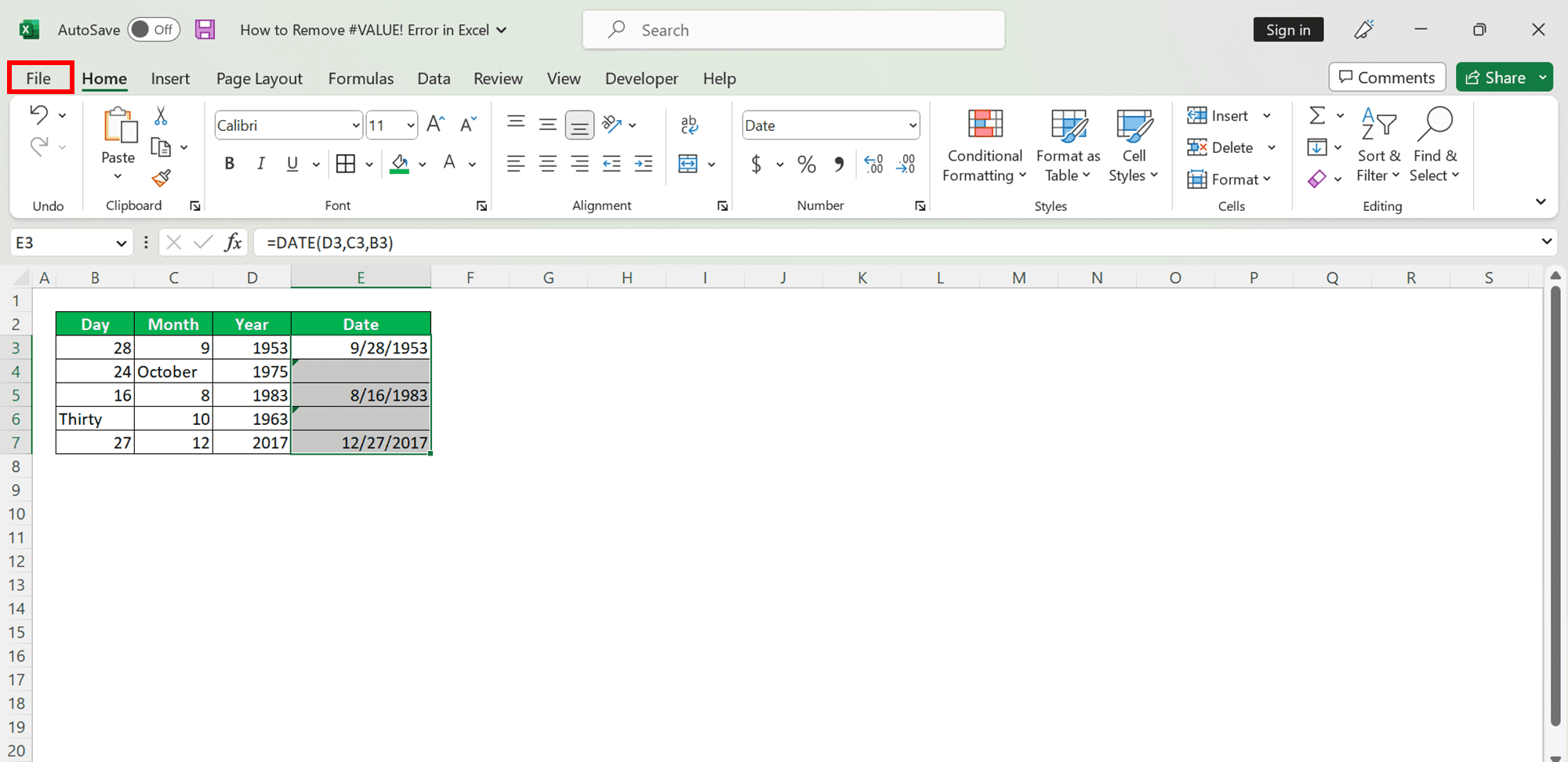 How to Remove #VALUE! Error in Excel - Screenshot of the File Button Location