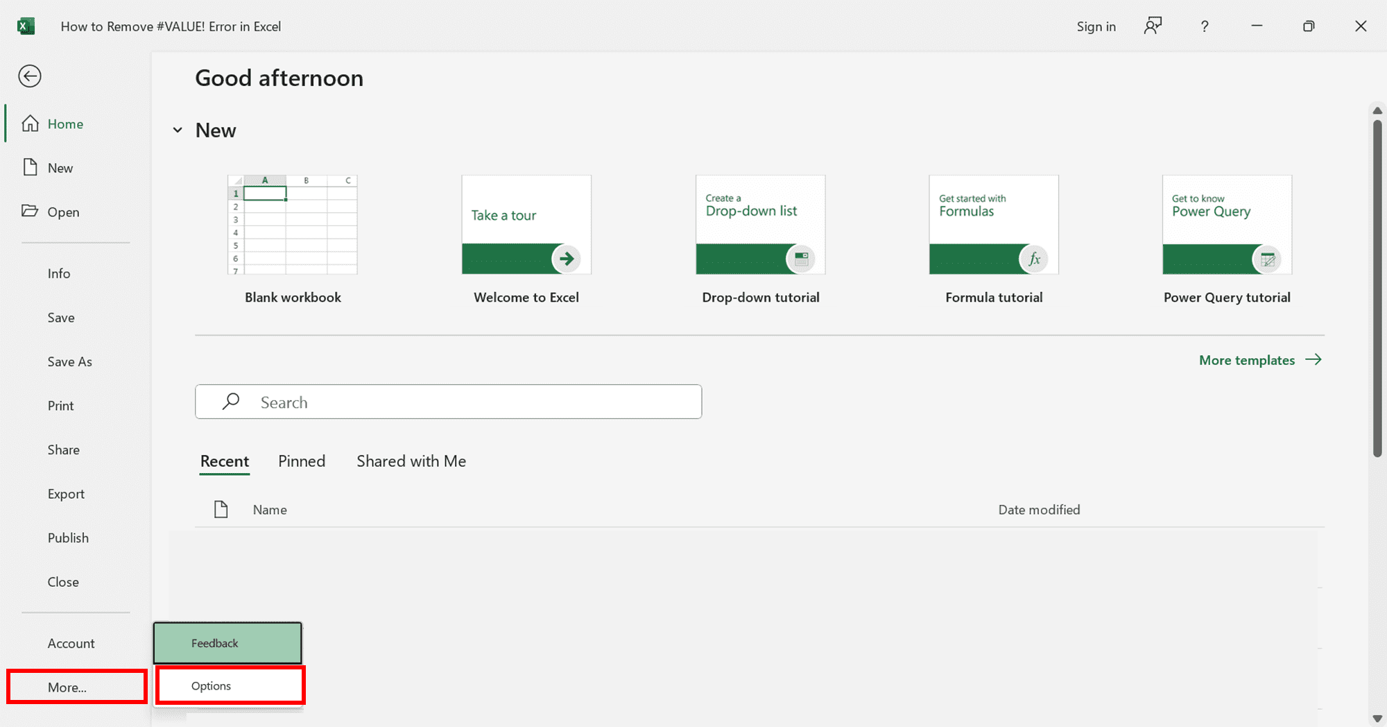 How to Remove #VALUE! Error in Excel - Screenshot of the More... and Options Choices Locations