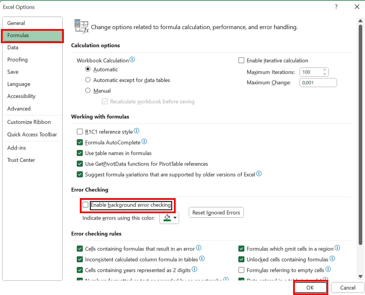 How to Remove #VALUE! Error in Excel - Screenshot of the Formulas Choice and Enable background error checking Checkbox Locations
