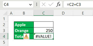 How to Remove #VALUE! Error in Excel - Screenshot of a #VALUE Error Example Because of Hidden Spaces in Blank Cells