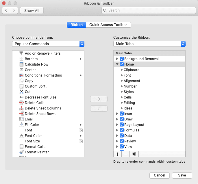 Excel Ribbon; Definition, Function, and How to Use It - Screenshot of the Customize Ribbon Dialog Box in Excel