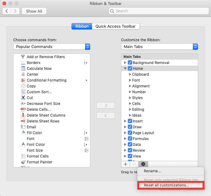 Excel Ribbon; Definition, Function, and How to Use It - Screenshot of the Reset All Customizations... Chice in the Customize Ribbon Dialog Box