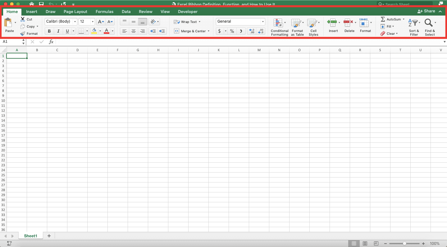 Excel Ribbon; Definition, Function, and How to Use It - Screenshot of the Excel Ribbon