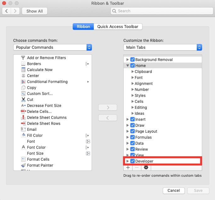 Excel Ribbon; Definition, Function, and How to Use It - Screenshot of the Developer Tab Checkbox in the Excel Customize Ribbon Dialog Box