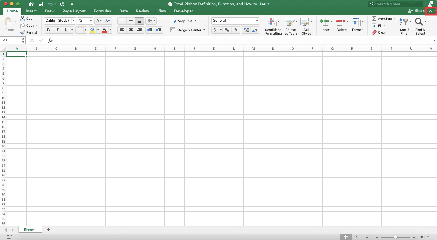 Excel Ribbon; Definition, Function, and How to Use It - Screenshot of the Up Arrow Location in an Excel File to Hide the Excel Ribbon