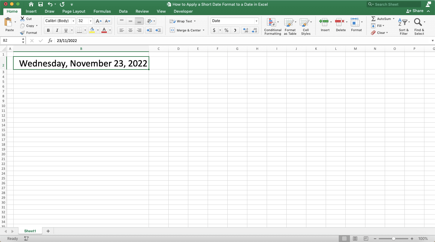 How to Apply a Short Date Format to a Date in Excel - Screenshot of Step 1-1