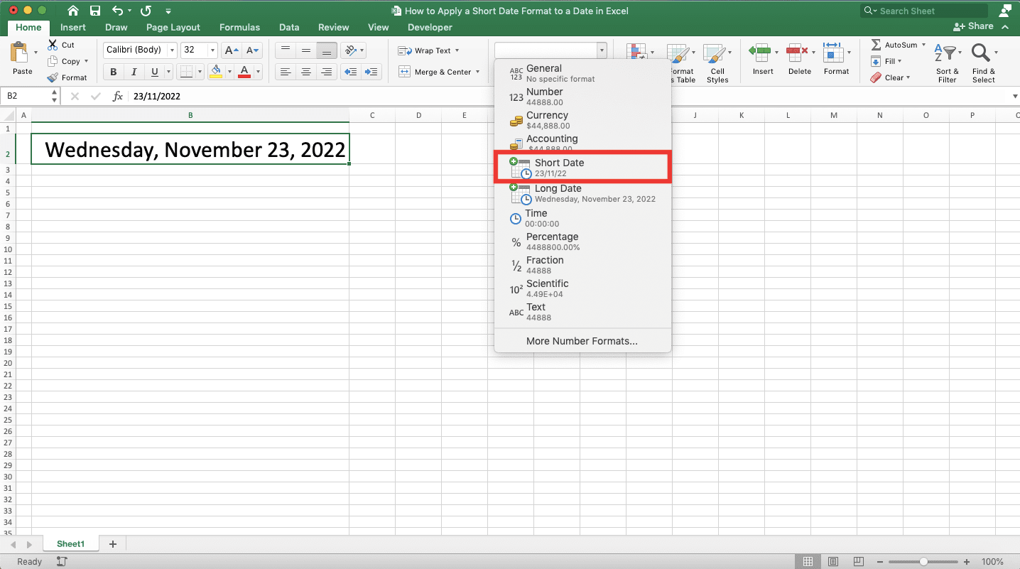 How to Apply a Short Date Format to a Date in Excel - Screenshot of Step 1-3