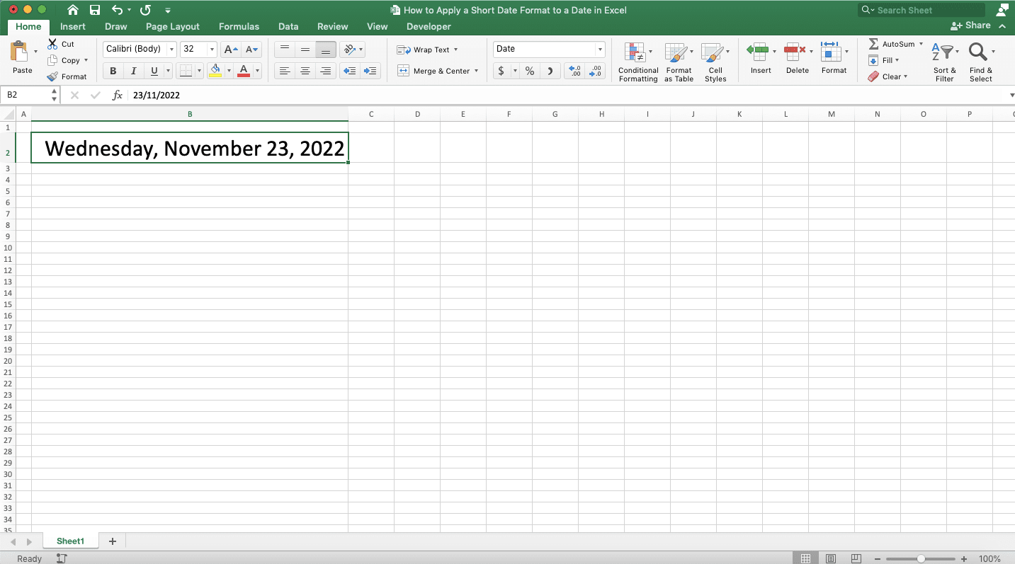 How to Apply a Short Date Format to a Date in Excel - Screenshot of Step 2-1