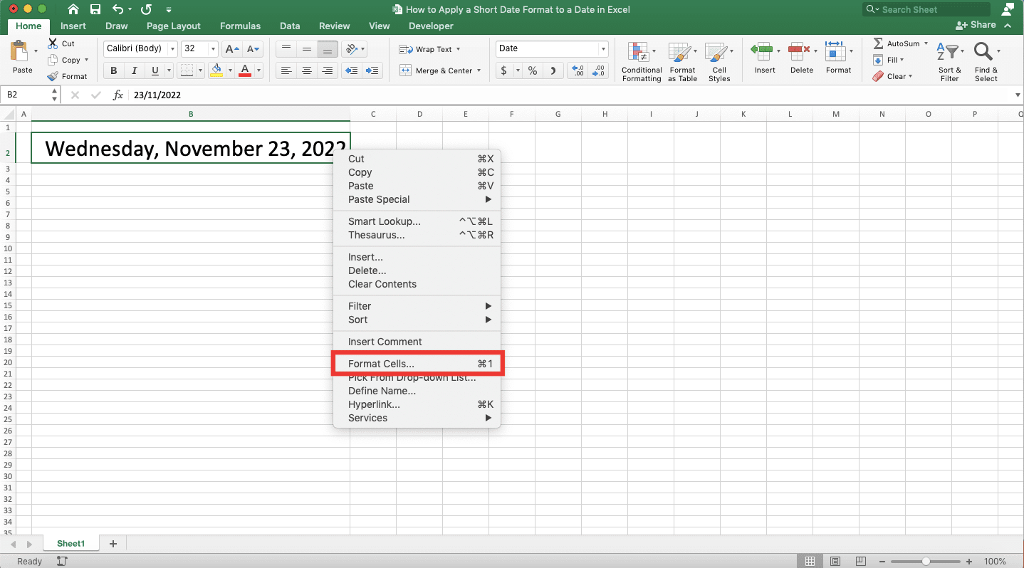 How to Apply a Short Date Format to a Date in Excel - Screenshot of Step 2-2
