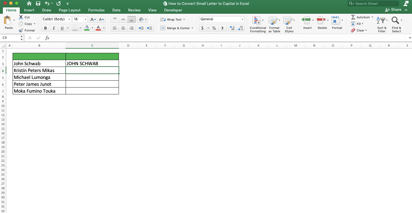 How to Convert Small Letters to Capital in Excel - Screenshot of the Cursor Location for the Flash Fill Implementation