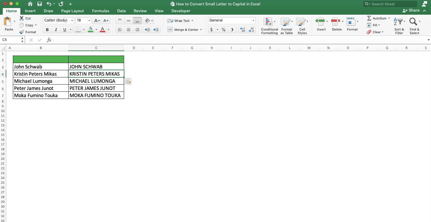 How to Convert Small Letters to Capital in Excel - Screenshot of the Example of the Flash Fill Result for Letters Capitalization in Excel