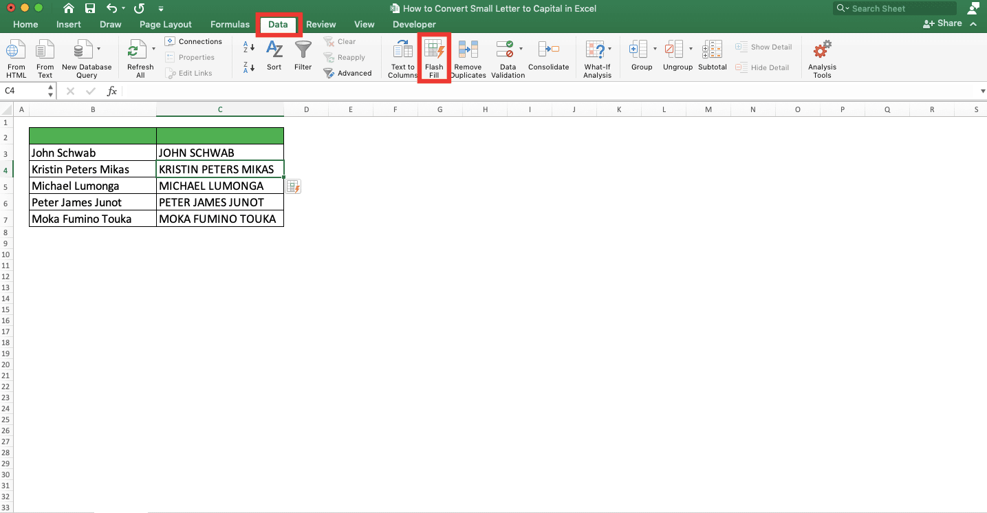 How to Convert Small Letters to Capital in Excel - Screenshot of the Location of the Flash Fill in the Excel Data Tab