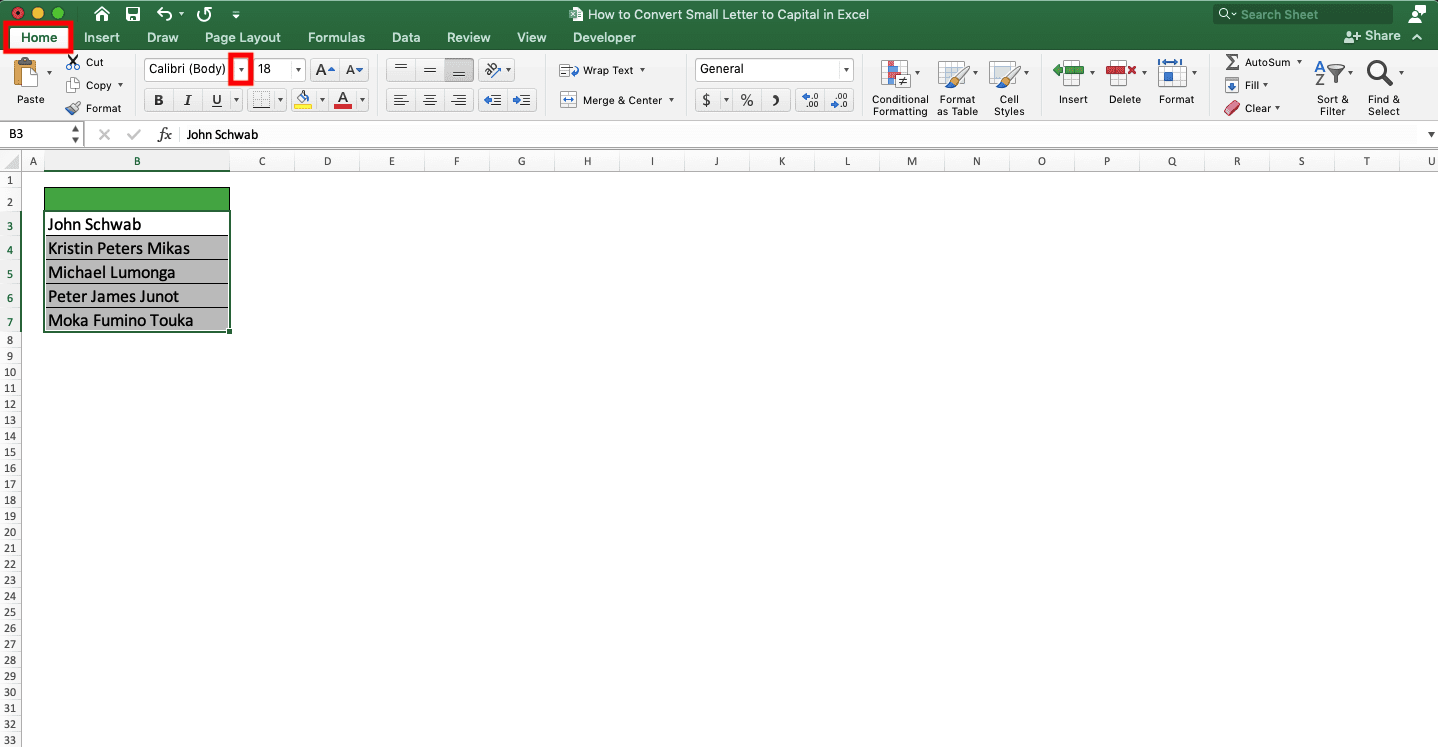 How to Convert Small Letters to Capital in Excel - Screenshot of the Font Type Dropdown Location in the Home Tab
