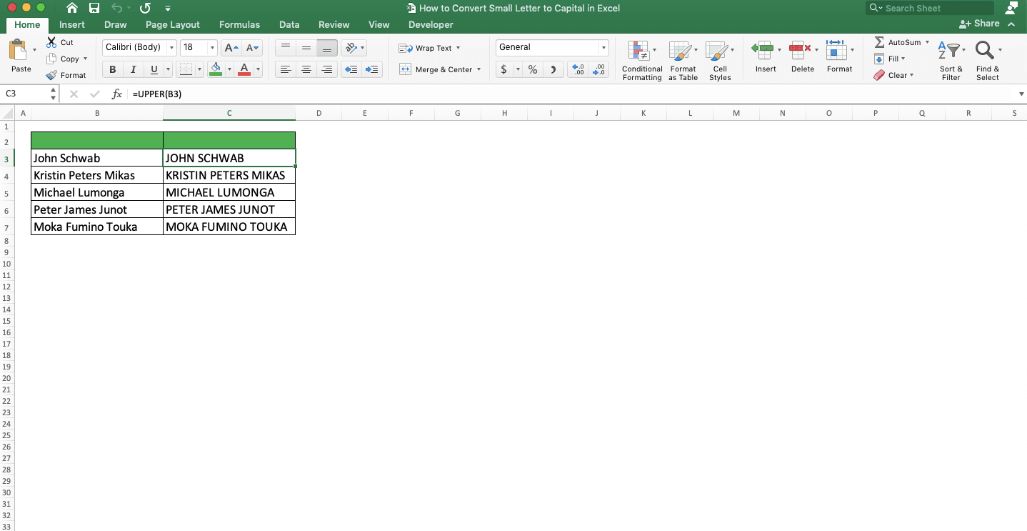 How to Convert Small Letters to Capital in Excel - Screenshot of the Example of the Excel UPPER Formula's Implementation and Results