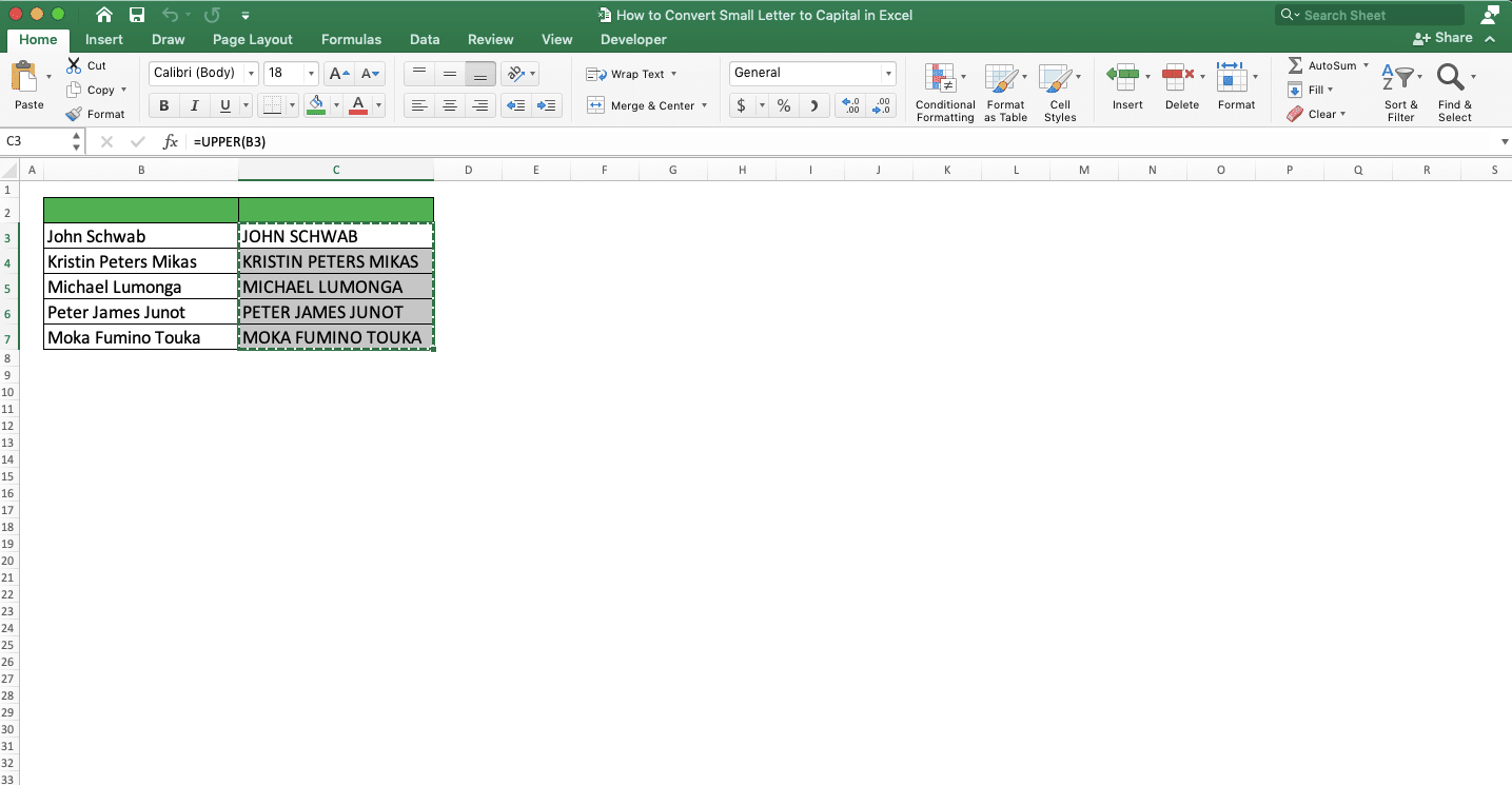 How to Convert Small Letters to Capital in Excel - Screenshot of the Active Copy Mode Example on the UPPER Formulas Cells