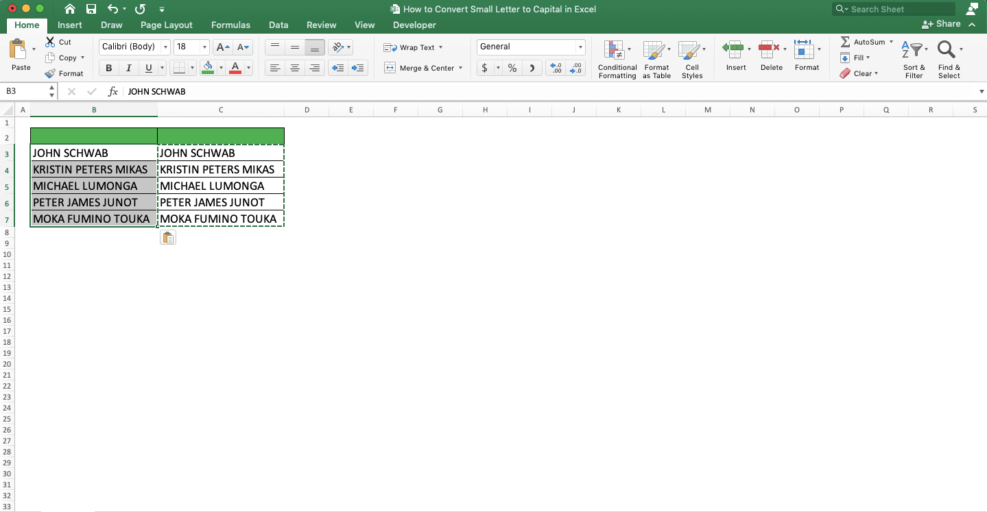 How to Convert Small Letters to Capital in Excel - Screenshot of the Paste Values Results of the UPPER Formulas