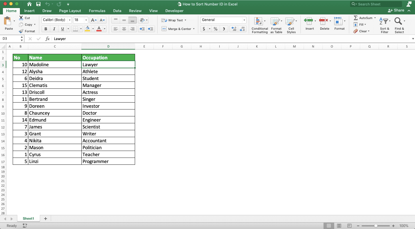How to Sort Number ID in Excel - Screenshot of Step 1 of Using Sort & Filter to Sort Number ID in Excel