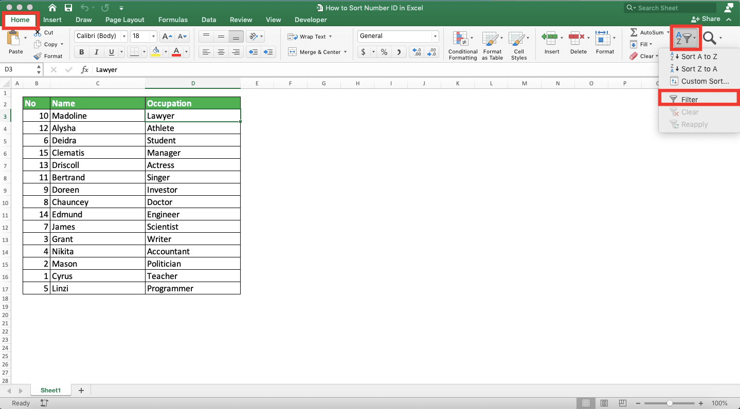 How to Sort Number ID in Excel - Screenshot of Step 2 of Using Sort & Filter to Sort Number ID in Excel
