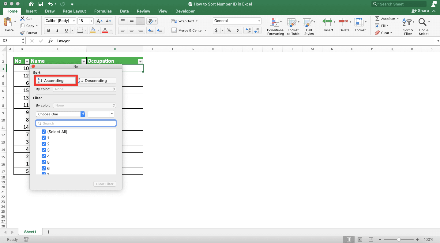 How to Sort Number ID in Excel - Screenshot of Step 4 of Using Sort & Filter to Sort Number ID in Excel