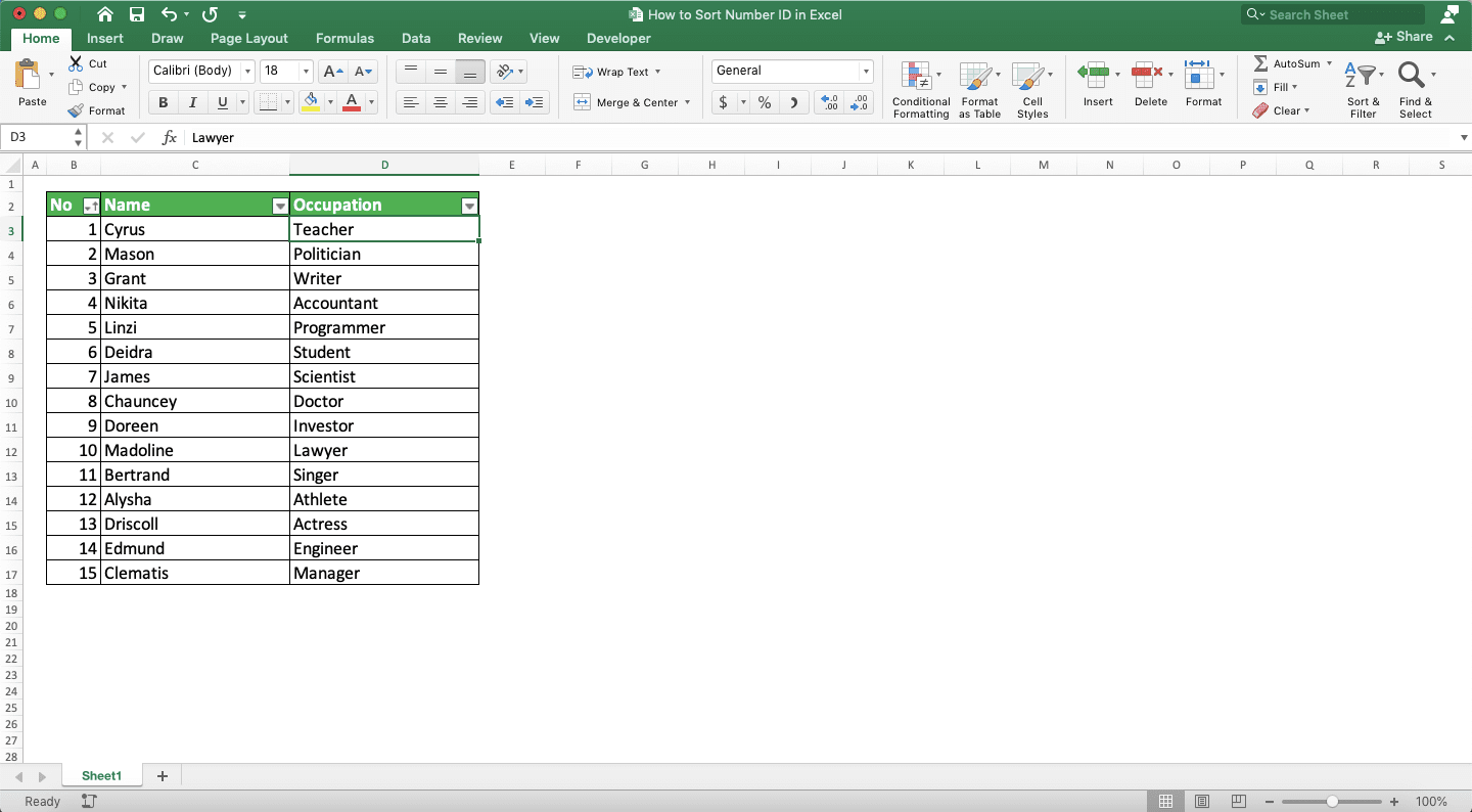 How to Sort Number ID in Excel - Screenshot of Step 5 of Using Sort & Filter to Sort Number ID in Excel