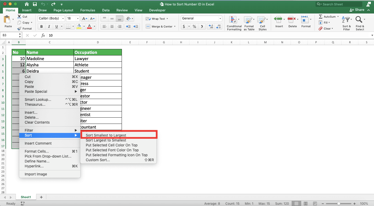 How to Sort Number ID in Excel - Screenshot of Step 2 of Sorting Only the Number ID Column in a Data Table in Excel