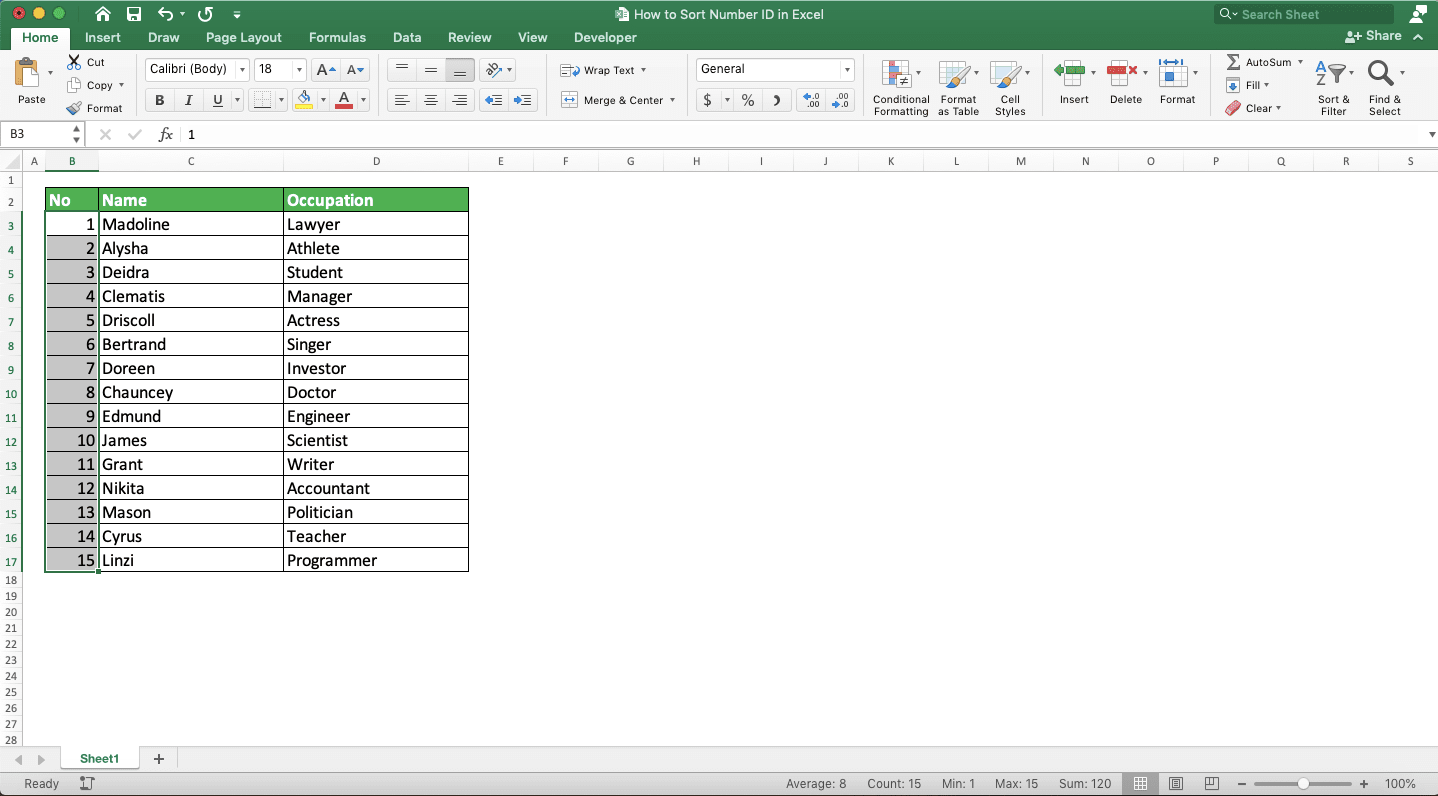 How to Sort Number ID in Excel - Screenshot of Step 4 of Sorting Only the Number ID Column in a Data Table in Excel
